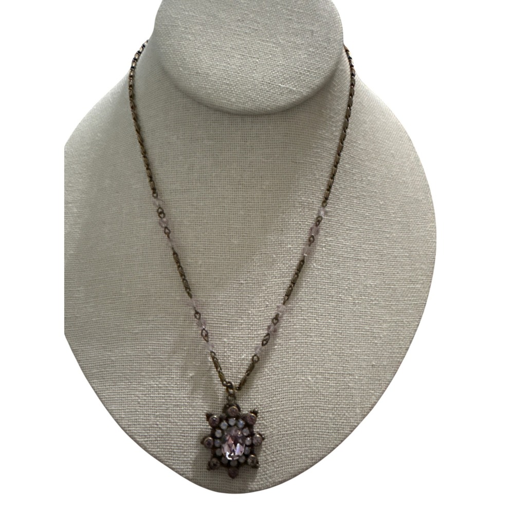 Liz Palacios SF Vintage Style Pink Crystal Starburst Pendant Necklace Brass